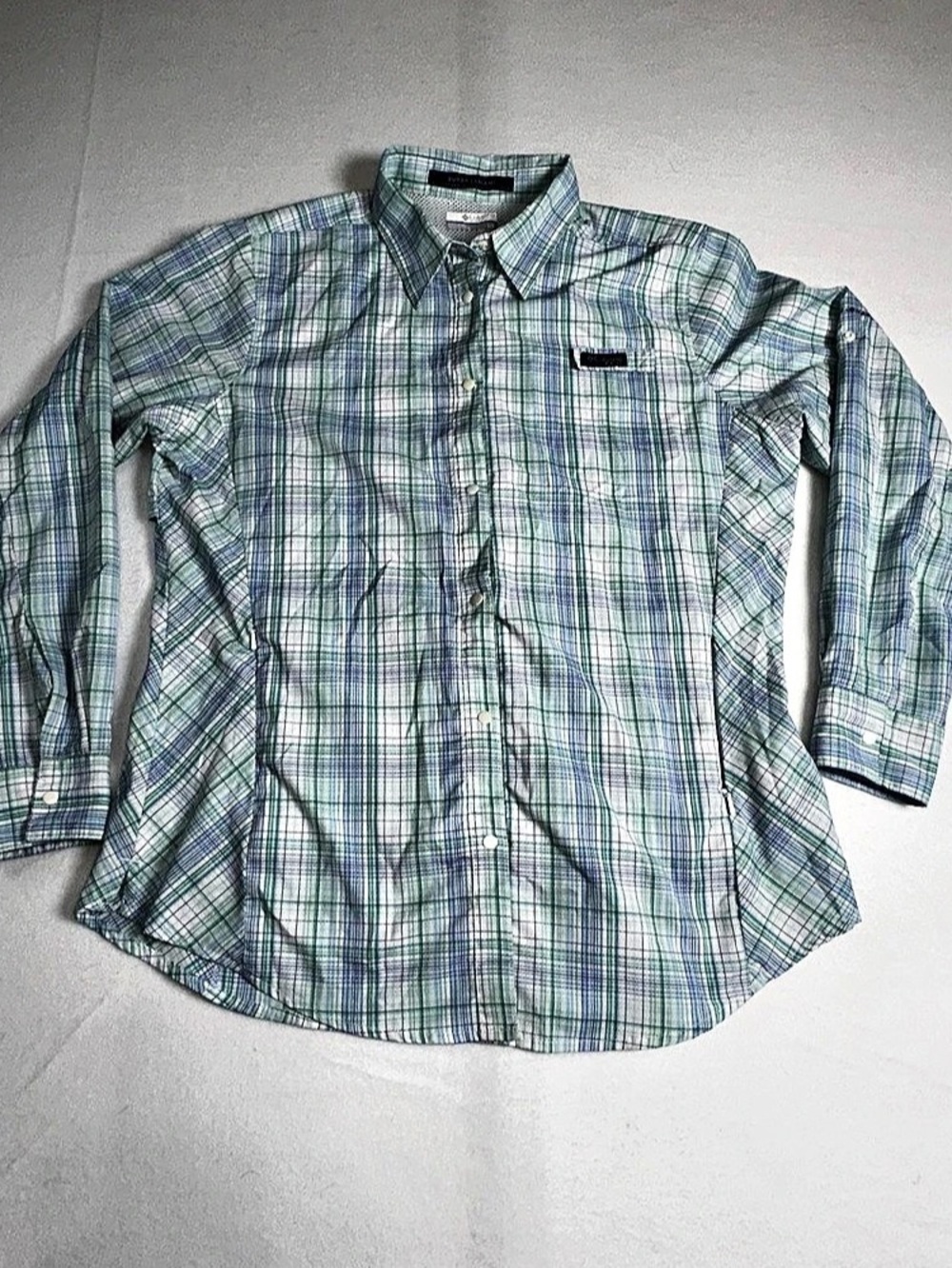 Columbia Super Tamiami Plaid Long Sleeve Shirt in Green & Blue Size L